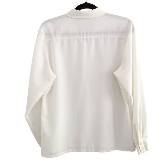 Vintage 1970s Collared Tuxedo Front Blouse Button Down Ivory Long Sleeve Size 12 - Picture 2 of 10
